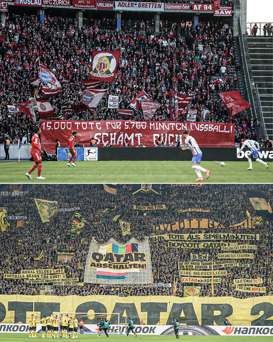 '15,000 dead for 5,760 minutes of football. Shame on you.'

Bundesliga fans are protesting against the upcoming World Cup in Qatar.