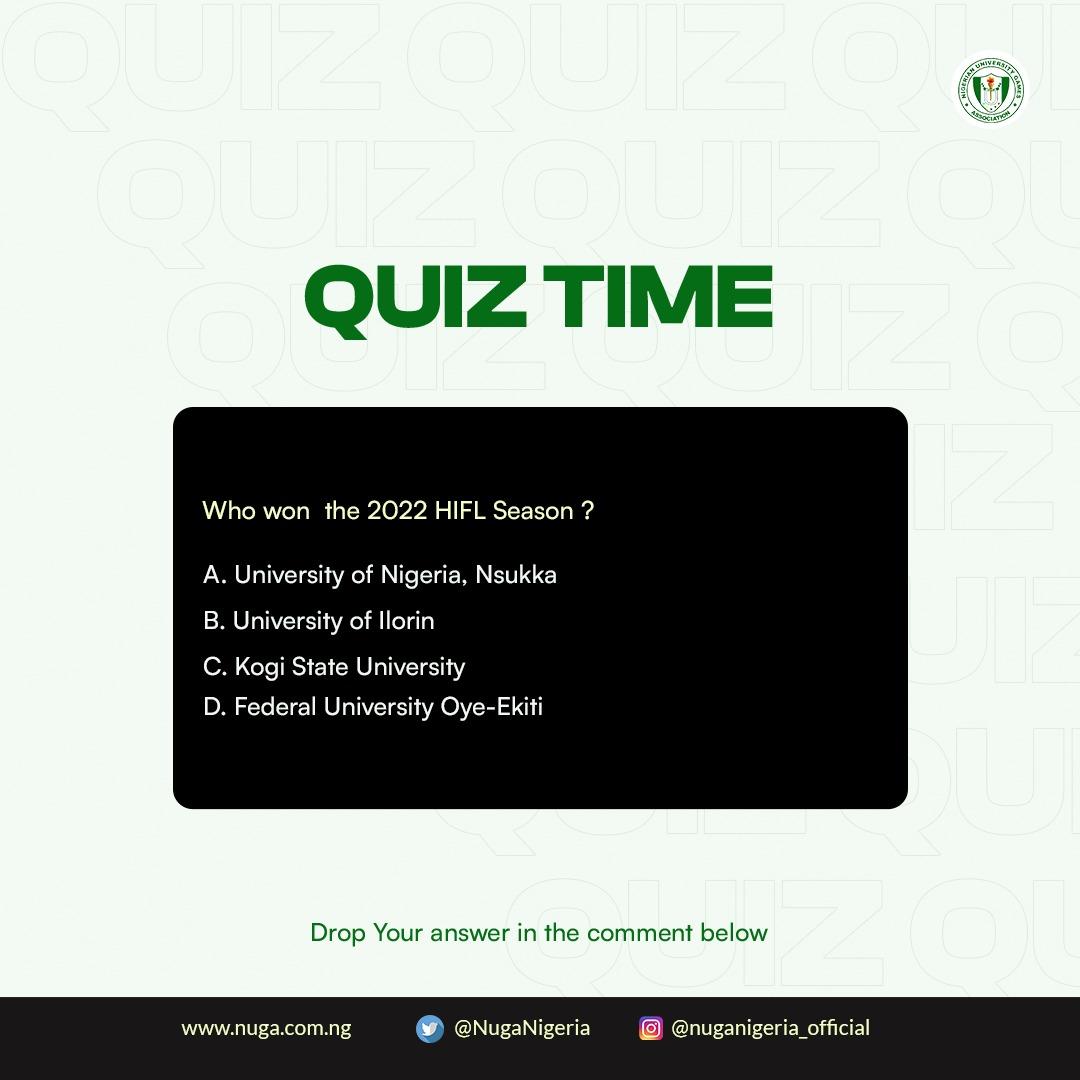 NUGANigeria's tweet photo. IT'S QUIZ TIME🤔☺️
Question on the just concluded 2022 @HiFLNigeria HiFL Cup 🏆
Fastest Fingers 🤌💨⌛️
#nugaquiz
#Hifl
#nuganigeria
#nuga https://t.co/ea8btJnZ5y