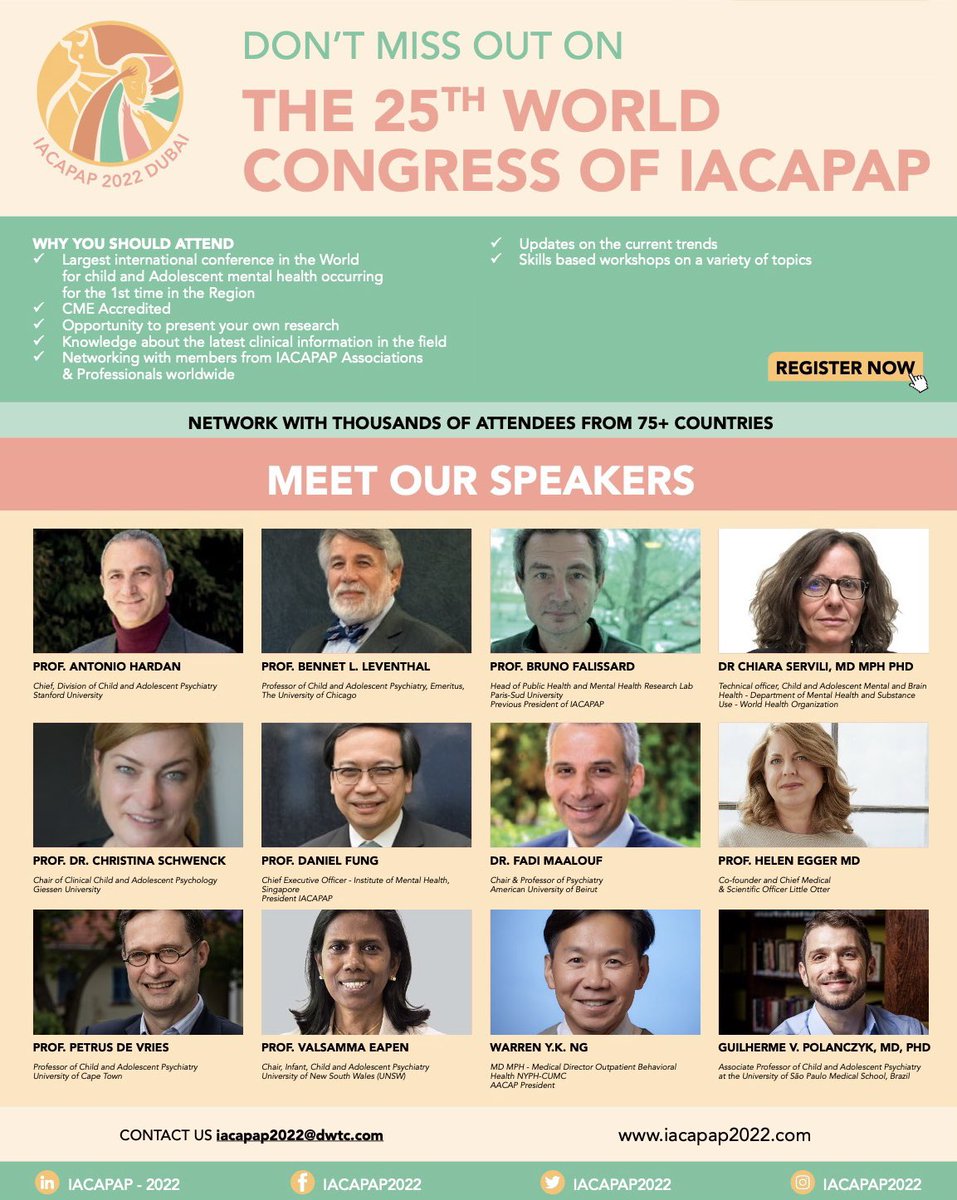 One month to go! Meet our lineup of speakers at <a href="/IACAPAP2022/">APAP</a> world Congress in Dubai 🇦🇪 🇧🇷 🇺🇸 🇫🇷 🇩🇪 🇸🇬 🇦🇺 🇿🇦 🇱🇧🇬🇧

Join us to shape the future of child &amp; adolescent #mentalhealth   : iacapap2022.com 

See you in Dubai !