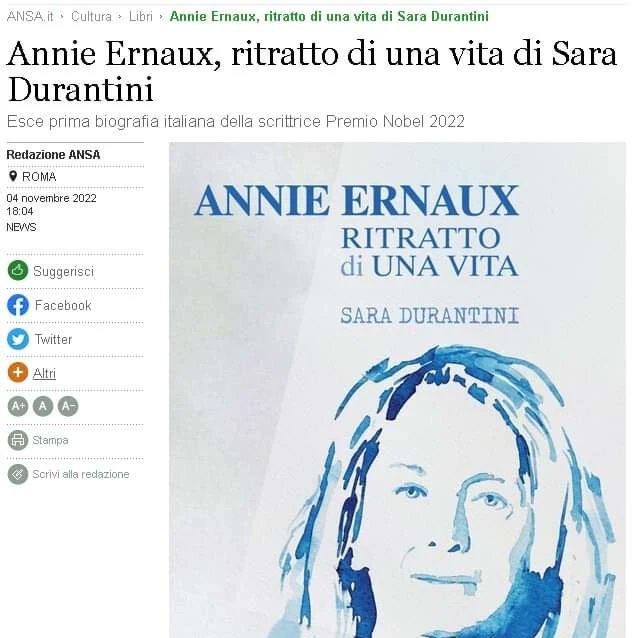 Grazie alla redazione di @Agenzia_Ansa che parla del mio libro '#AnnieErnaux. Ritratto di una vita' pubblicato dalla casa ed. dei Merangoli google.com/amp/s/www.ansa… @LuciaLibri @TLarina1837 @danisetta @diamiladi @CarmelaCusmai @lucy_esposito @artdielle @Francesco_Morra