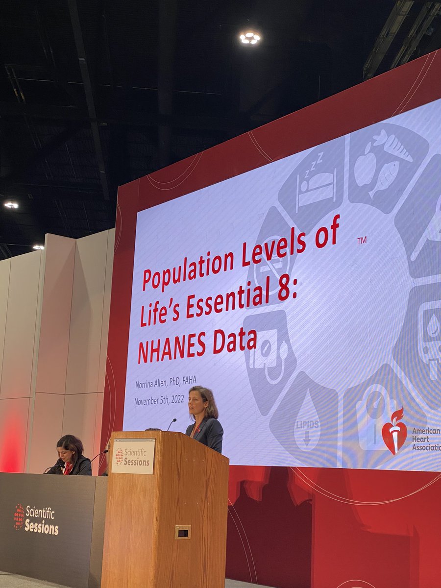 Happening now - @NorrinaA sharing data about diet, activity, tobacco, sleep, BP, lipids, weight, glucose (Life’s Essential 8) from NHANES @dmljmd @GarimaVSharmaMD @DrLaPrincess @randi_epi @RajgopalRadhika @AHAMeetings