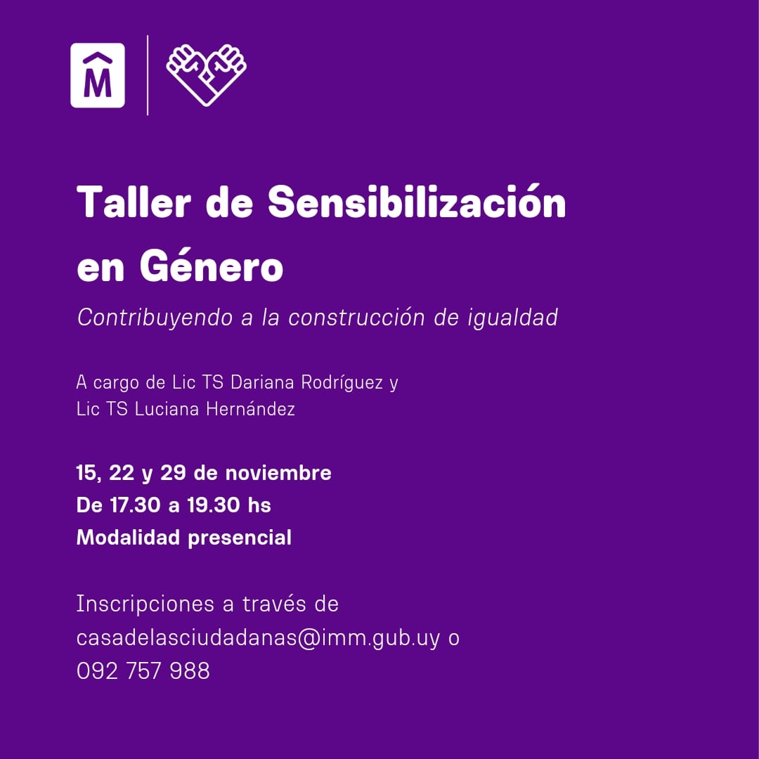 📢 ¡Inscripciones abiertas! 

Dirigido a mujeres y disidencias.

🌈 Habrá espacio de cuidados con previa coordinación

📜 Se entregará certificado de asistencia

✍🏼 Inscripciones vía mail casadelasciudadanas@imm.gub.uy o WhatsApp 092 757 988 

<a href="/IMgenero/">Montevideo Género</a> <a href="/montevideoIM/">Intendencia de MVD</a>