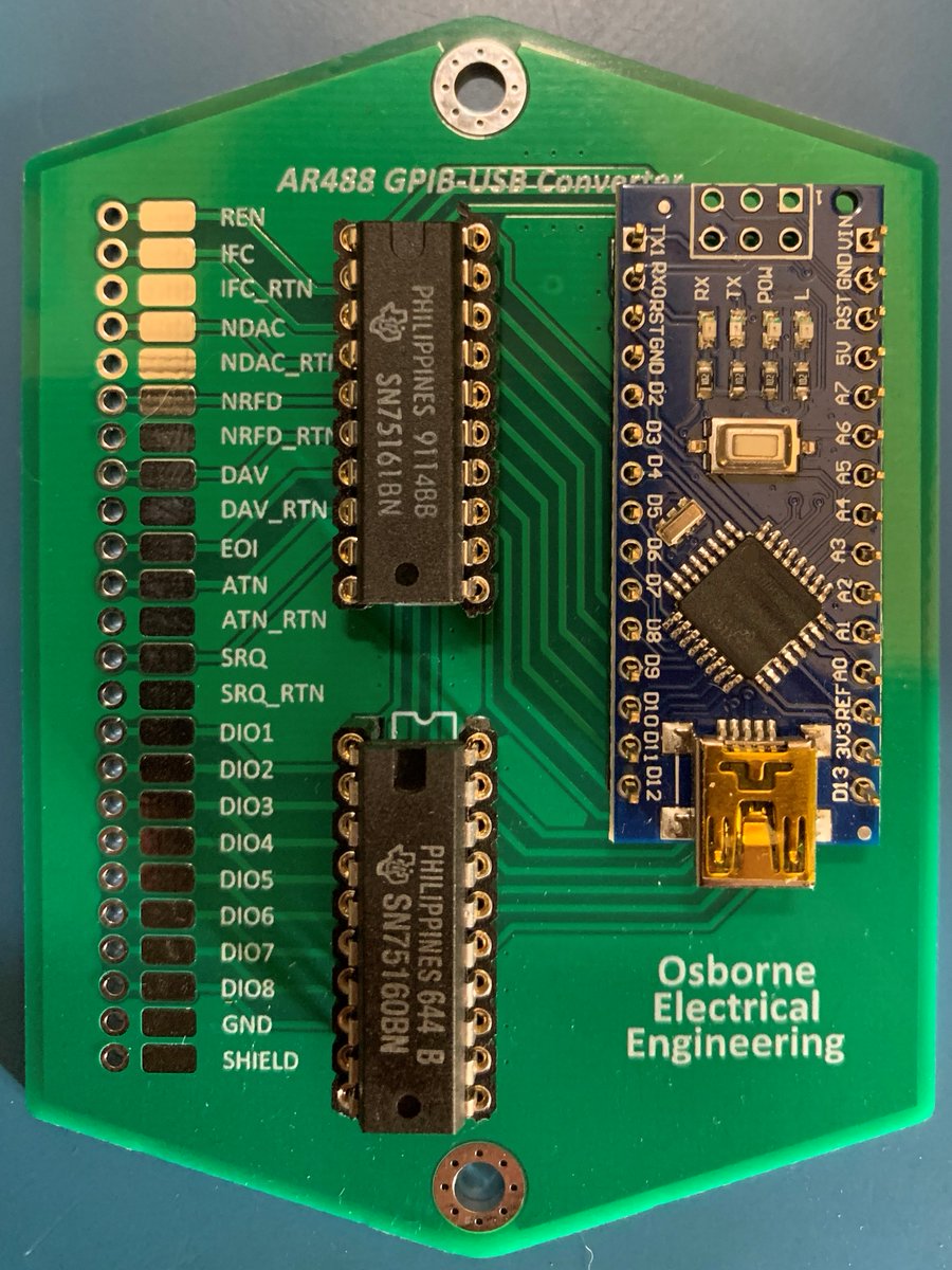 Many thanks to the individuals who developed the AR488 open-source USB-to-GPIB Arduino interface. PCB design is my own... will solder into a mangled GPIB cable directly. github.com/Twilight-Logic…