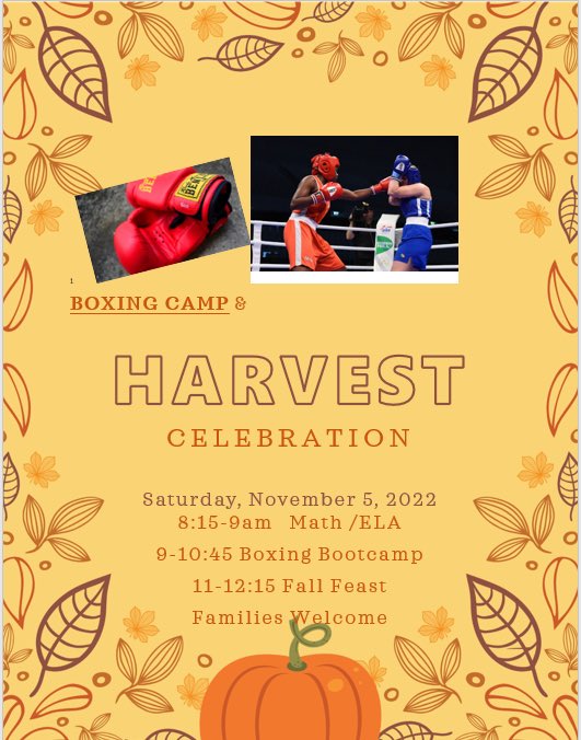 FortMillerMS's tweet photo. Good Morning #Falcons! Our #SaturdayAcademy Harvest has begun! It’s not too late to show up! The #boxingbootcamp begins at 9am followed by a Family Fall Feast. Bring your students, siblings & yourself! That’s right, today’s academy is an all family event!
#FalconStrong https://t.co/lux7Xvt354
