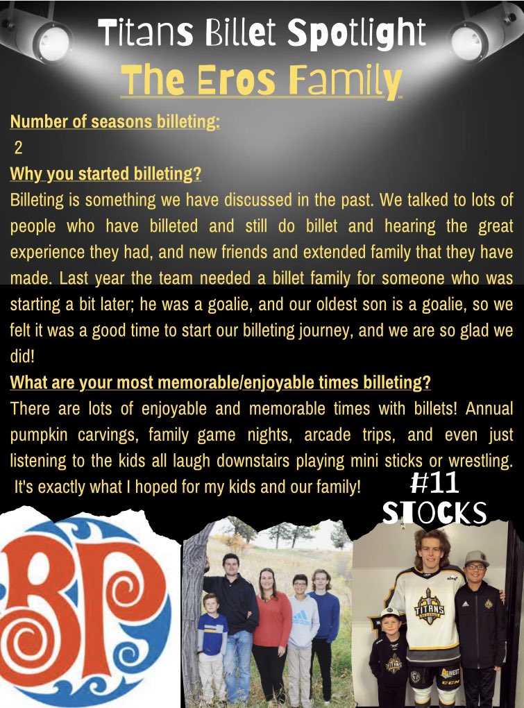 MJHLTitans's tweet photo. The  Titans would like to thank all their billet families!  

This weeks billet spotlight is the Eros family, who have welcomed #11 Hayden Stocks into their family! 

Billet spotlight is sponsored by Neepawa @bostonpizza 

#LetsGoTitans🗡🛡 https://t.co/eSEvZNR0zz