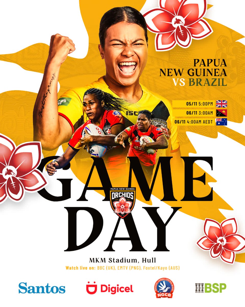 Our second @RLWC2021 match is today against Brazil. See below times + broadcast details or get down to MKM Stadium in Hull and support us! If you can't get to a TV you can listen to FM100 in PNG and BBC in the UK/ follow us on Facebook for score updates! #YumiPNG #RLWC2021 🇵🇬