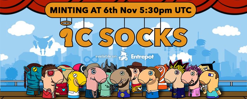 ICSocks launching on Entrepot at 6th November 5:30pm UTC.
One of the most unique collection that IC has ever seen!
Minting details will be shared in Discord soon ! 

entrepot.app/sale/icsocks
Discord: discord.gg/Y9emfPfJzq

$ICP #ICP #InternetComputer #IC