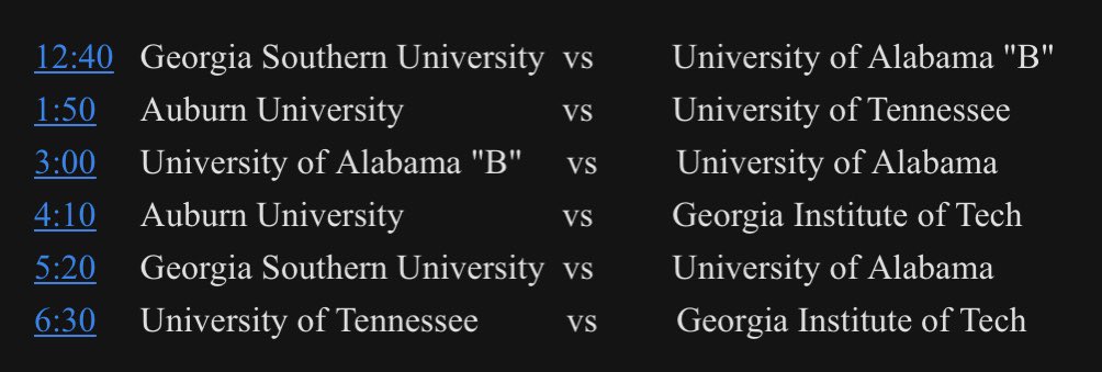 Heres todays schedule for Southeasten Division of Water Polo Tournament!