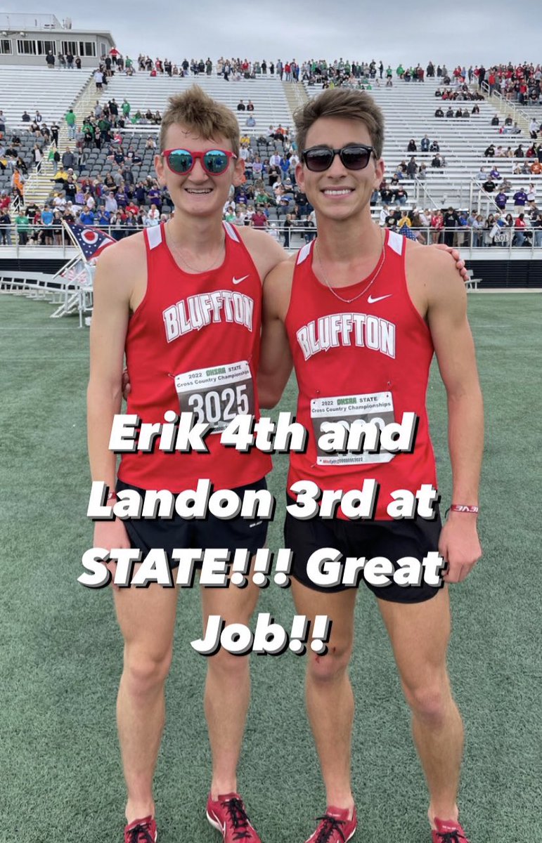 blufftonpirates's tweet photo. Great Job!! Erik Nygaard finished 4th and Landon Armstrong finished 3rd at State Cross Country. Boys team finished 10th overall!! https://t.co/DAu5FjrsR7