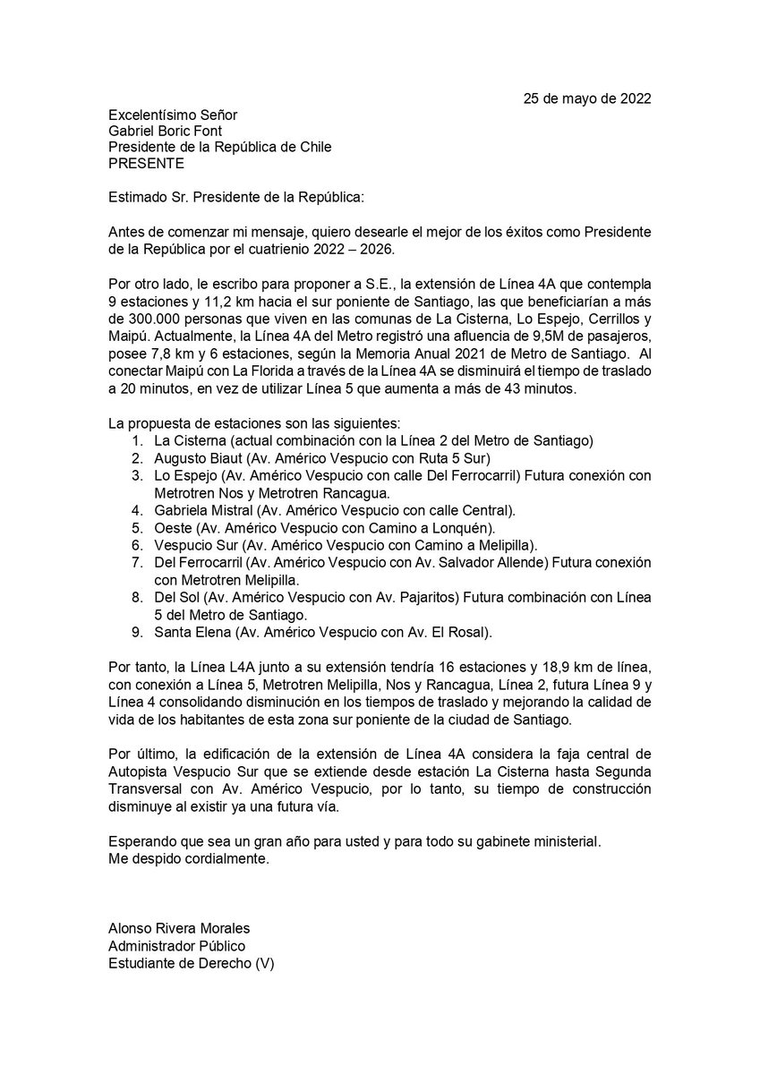 AlonsoRiveraM's tweet photo. Apoyo totalmente la moción para el #MetroParaLoEspejo.
También va en relación a mi carta que envíe en su momento al Presidente @gabrielboric, que se extienda la #Linea4A desde estación #LaCisterna hacia el sur poniente usando la faja existente en Autopista #VespucioSur. https://t.co/W6k21a8kAz
