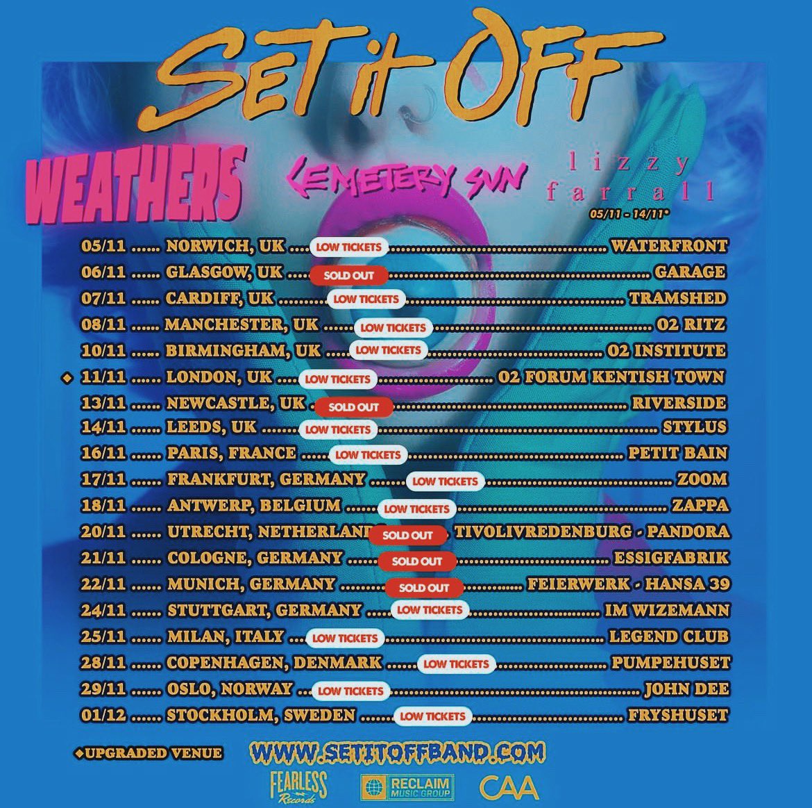 Heading out with @SetItOff, @Weathersband @Cemeterysuncrew today! First up is Norwich!! I play at 5:45pm so get down early 🥺! 🤍