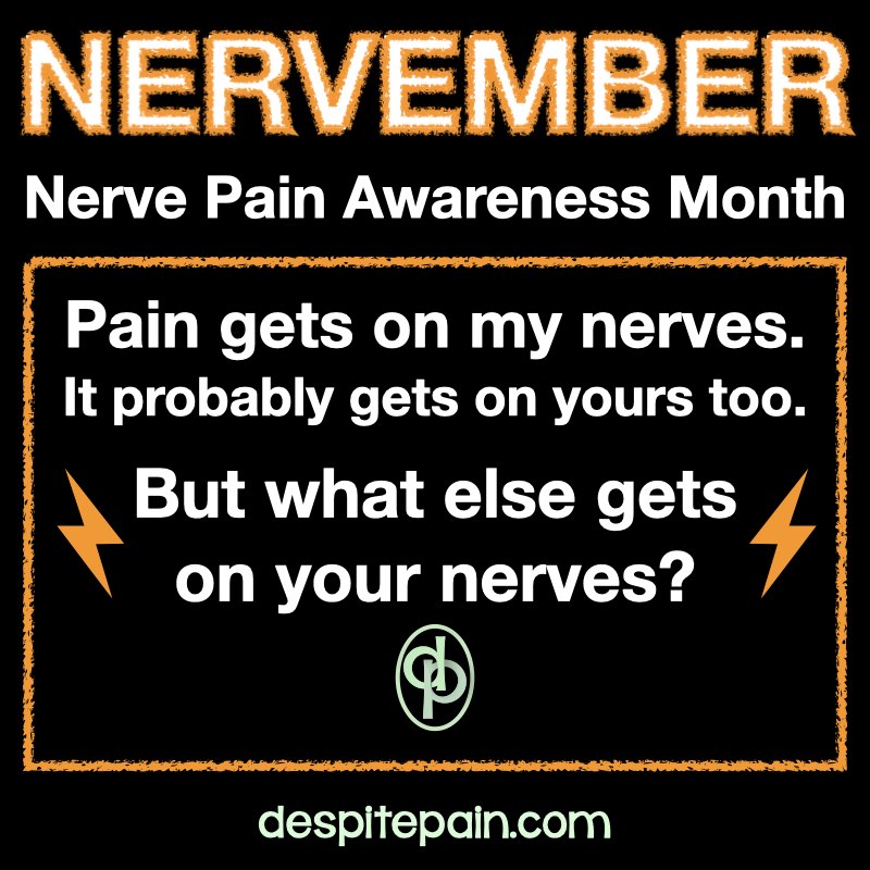 DespitePainBlog's tweet image. It&apos;s #NERVEmber - #NervePainAwarenessMonth. Pain probably gets on your nerves. But what else does? What really annoys you? Bad driving? Bad spelling? Bad manners?
Please share with me what gets on your nerves.

Your answers might be included in a future blog post. #getsonmynerves