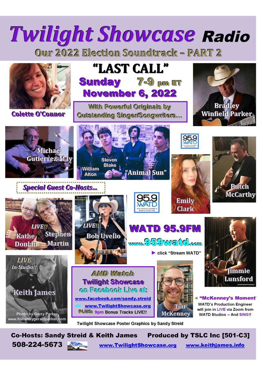 SandyStreid's tweet photo. "LAST CALL": our 2022 Election Soundtrack – PART 2  on @959watdfm's Twilight Showcase --  Sunday 11/6/2022   7pm-9pm ET on WATD FM   &amp; EVERYWHERE at https://t.co/twlXYtLrhc !!  
►  Simulcast on FACEBOOK LIVE, on Sandy Tannenbaum Streid's Facebook page or https://t.co/yQa2a3OKx9 https://t.co/bdJnfenwgy