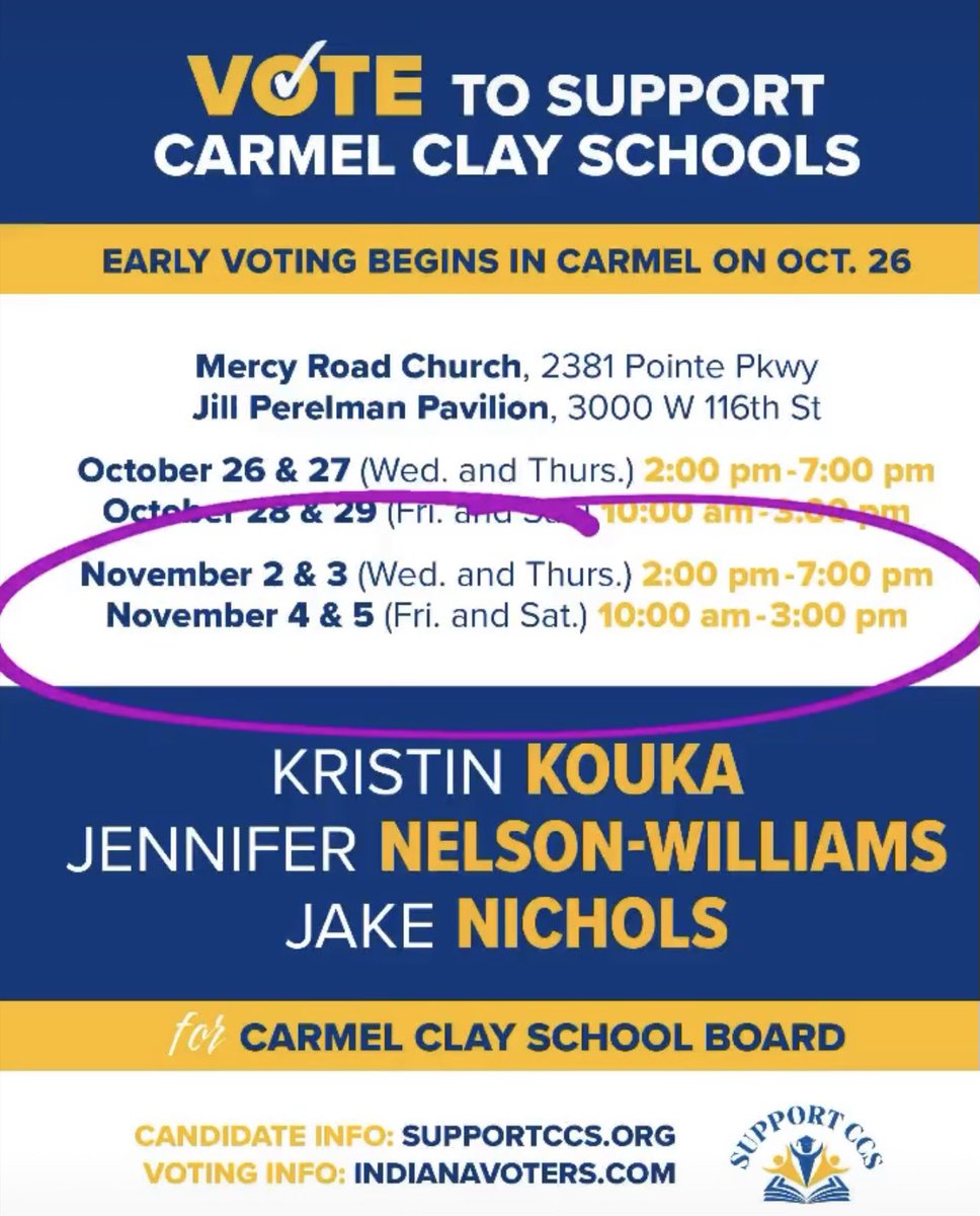 🔔🔔
Today is the final day to VOTE EARLY in Carmel!! Both locations open from 10 AM to 3 PM — see you there!!
🔔🔔