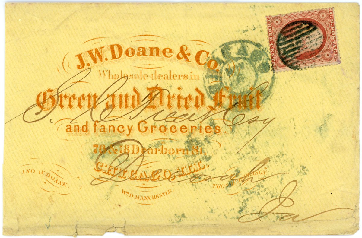 Advertising cover for J. W. Doane &amp; Co., Wholesale Dealers in Green and Dried Fruit and Fancy Groceries - Chicago, Illinois - 1850s/1860s. #Stamps #Philately