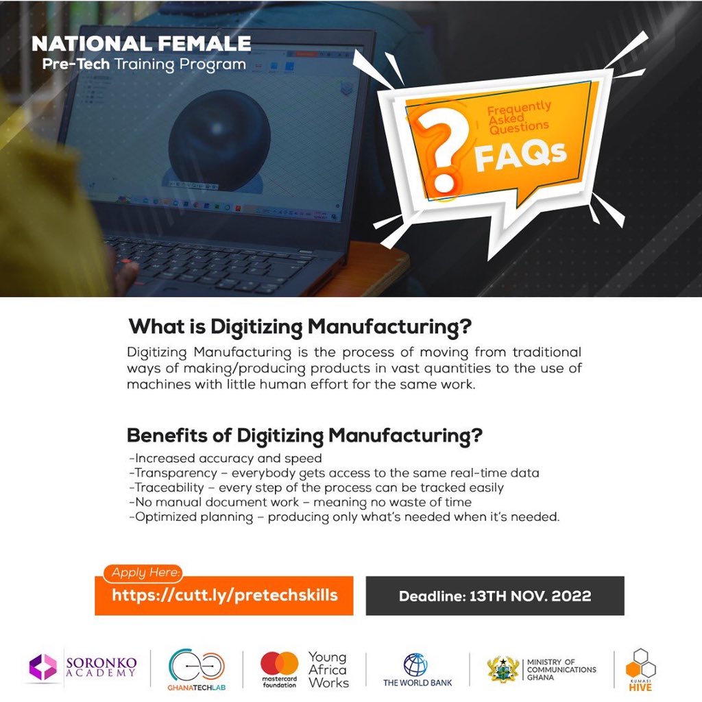 KumasiHive's tweet photo. Apply for this Free 3 weeks training program in Digitizing Manufacturing. The course includes 3D Modelling and Fabrication, Welding, Woodwork, and Laser cutting.
Apply at https://t.co/pbxTgmdoTB before 13th November 2022
#HiveTraining #HiveImpact #HiveTribe #Kumasi #pretech https://t.co/4WMbvrI7UI