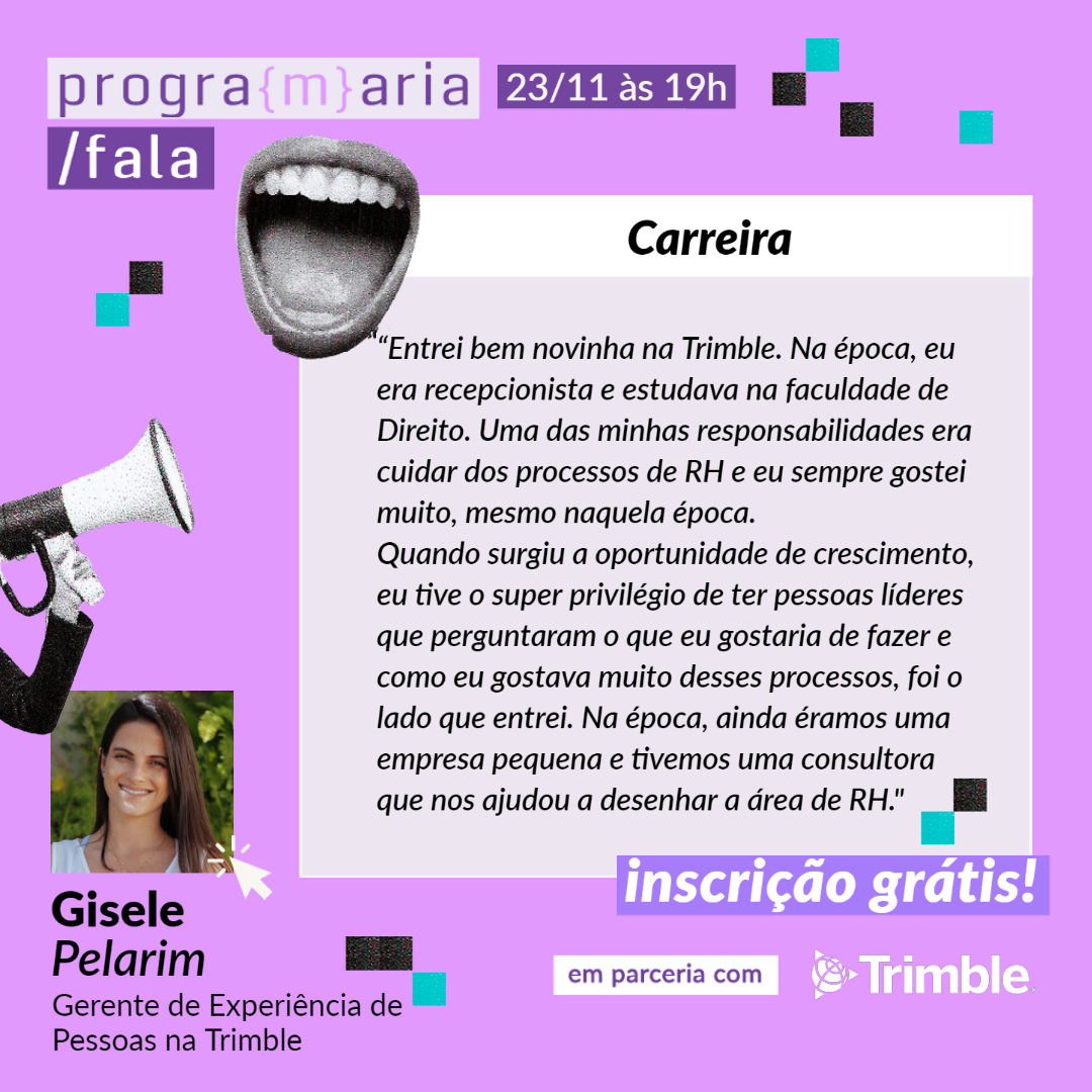 programaria's tweet photo. O #PrograMariaFala desse mês vai receber Gisele Pelarim, Gerente de Experiência de Pessoas e líder do pilar de #Engajamento & #Retenção da #Trimble ⚡📲 Inscreva-se gratuitamente, clique no link https://t.co/msb8iLj4IK
#Carreira #tech #processoseletivo #recrutamento #seleção https://t.co/0PhlKc4goZ