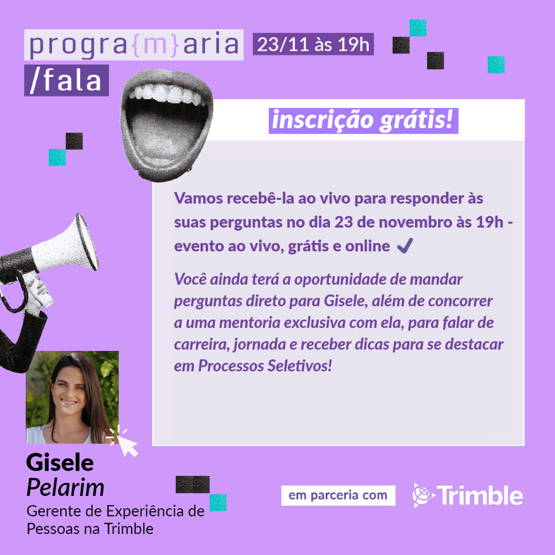 programaria's tweet photo. O #PrograMariaFala desse mês vai receber Gisele Pelarim, Gerente de Experiência de Pessoas e líder do pilar de #Engajamento & #Retenção da #Trimble ⚡📲 Inscreva-se gratuitamente, clique no link https://t.co/msb8iLj4IK
#Carreira #tech #processoseletivo #recrutamento #seleção https://t.co/0PhlKc4goZ