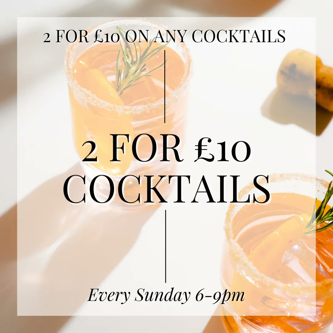 Project53Knfd's tweet image. Get rid of those Sunday blues with a cocktail, or 2!🍸 From 6-9pm every Sunday, grab 2-for-£10 on any of our cocktails🍹🥂