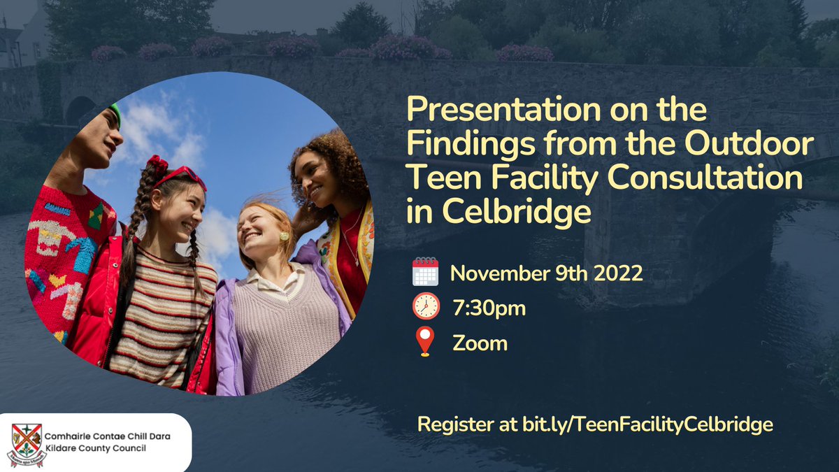 🔊 Want to hear about the results from the recent Outdoor Teen Facility Consultation in Celbridge?
An online presentation will be held on: 

📅 Wednesday November 9th 

🕔 7:30pm 

   📍 Zoom

To register please visit: bit.ly/3WnpGYP
