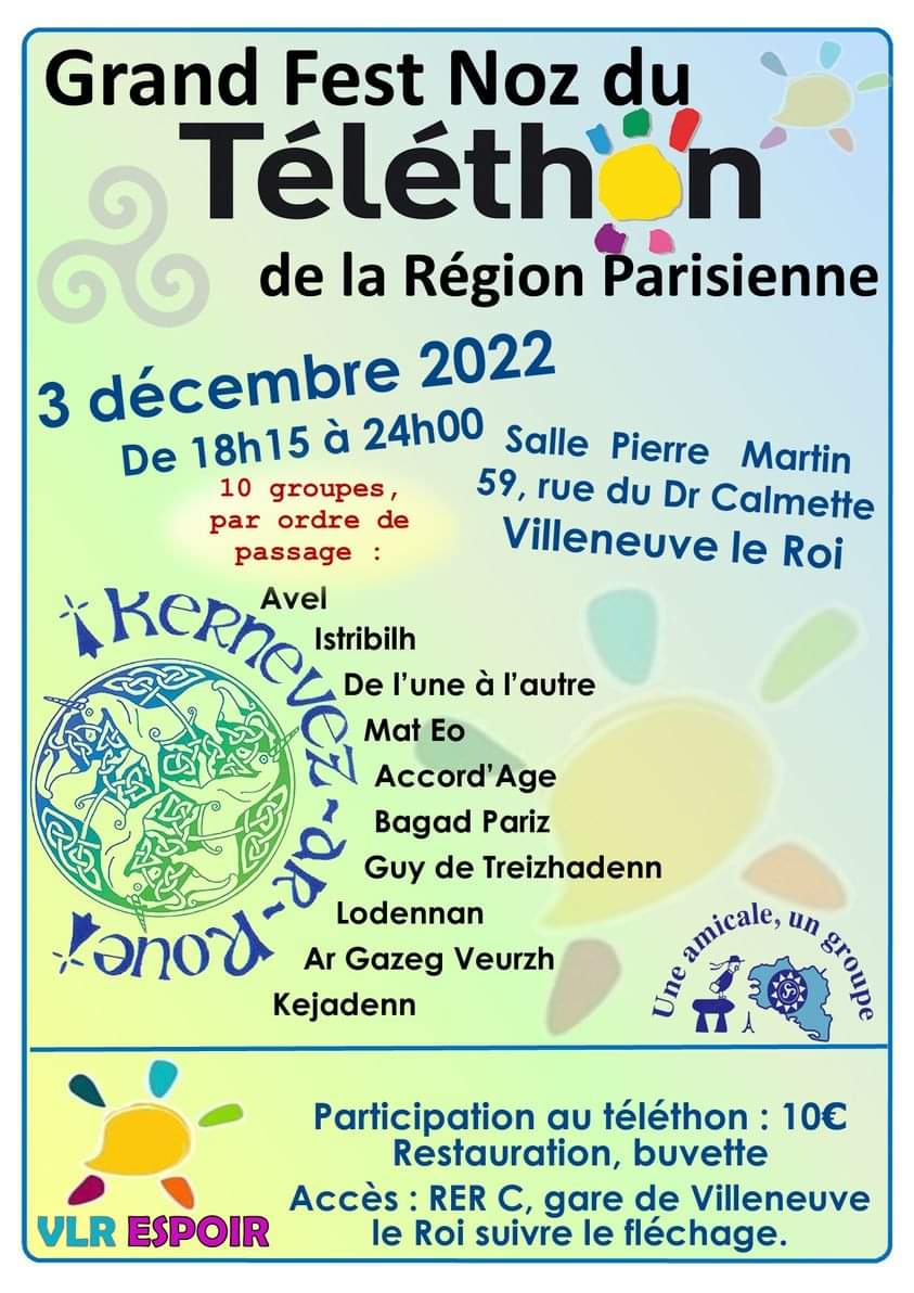 Samedi 3 décembre, à Villeneuve le Roi, l'immanquable fest-noz du Téléthon avec de nombreux groupes de la région parisienne