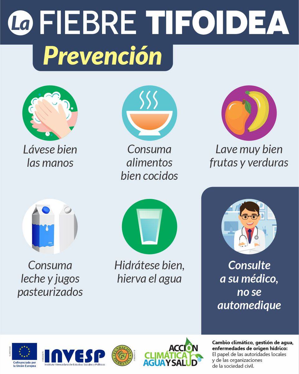 #5Nov Trabajamos por el desarrollo sustentable y la calidad de vida. Presentamos información de interés sobre la fiebre tifoidea, en el marco del proyecto Acción Climática, Agua y Salud, ejecutado con <a href="/invesp_org/">Invesp</a> y cofinanciado por la <a href="/UEenVenezuela/">Unión Europea en Venezuela 🇪🇺🇻🇪</a>

#fiebretifoidea #prevención