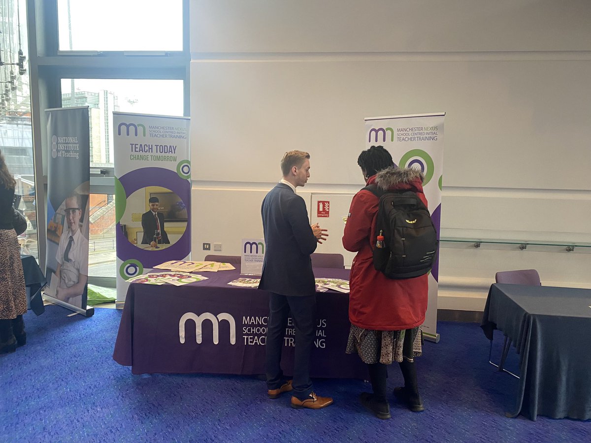 ManchesterSCITT's tweet photo. Kat Henshall (our recruitment lead) and @MrMScott1 one of our alumni trainee teachers are here and ready to answer all of your questions @getintoteaching @CranmerTrust #teachtoday #changetomorrow @BridgewaterHall Manchester https://t.co/vVso5HBeBo