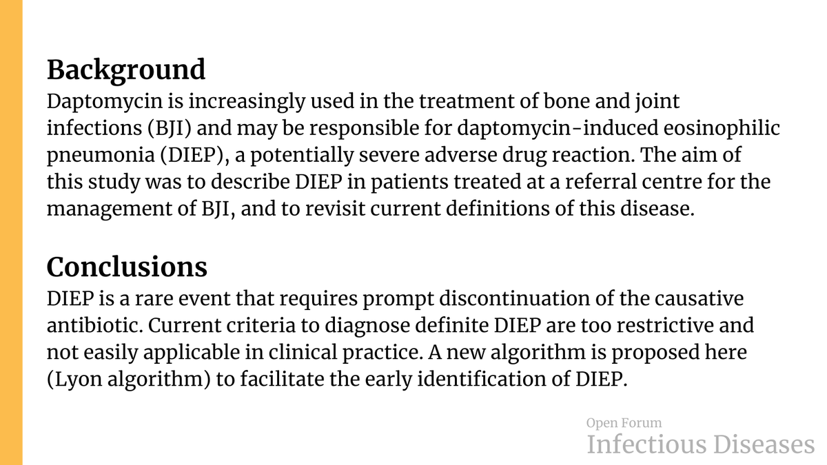 Seventeen cases of daptomycin-induced eosinophilic pneumonia in a cohort of patients treated for bone and joint infections: proposal for a new algorithm ✅ Just Accepted 🔓 Open Access 🔗 bit.ly/3zGBdsG