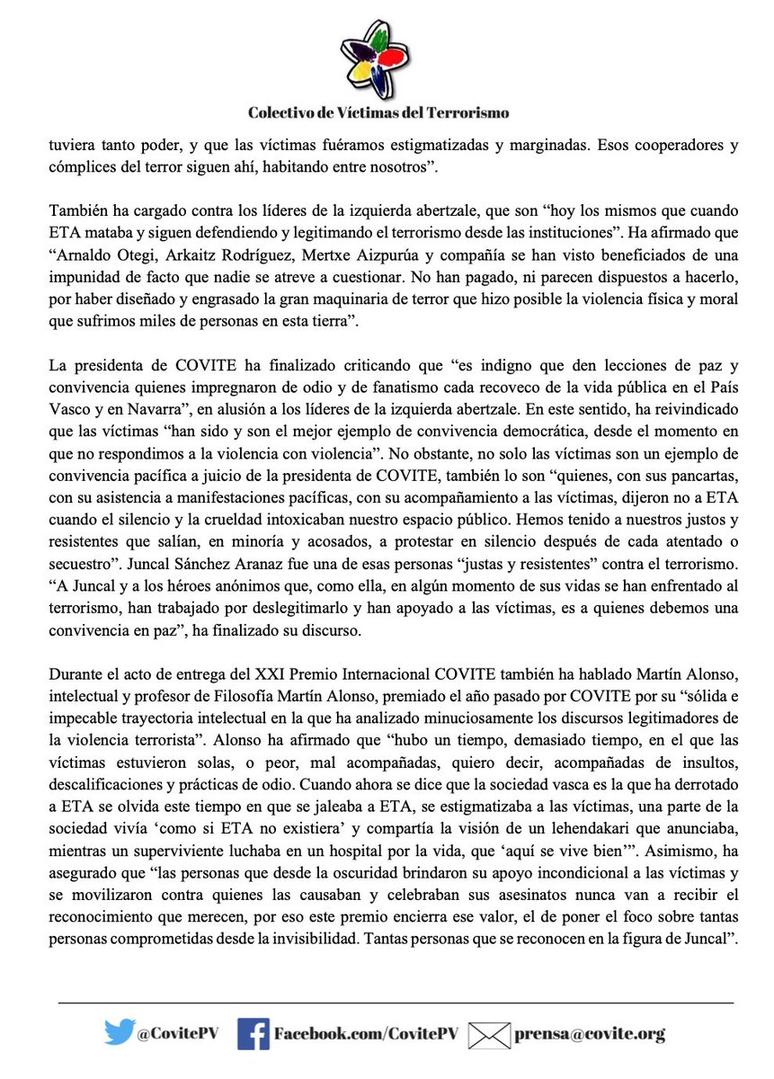 COVITE: “Es indigno que den lecciones de paz y convivencia quienes impregnaron de odio y de fanatismo cada recoveco de la vida pública en el País Vasco y en Navarra”.

#PremioCOVITE 

covite.org/destacada/covi…