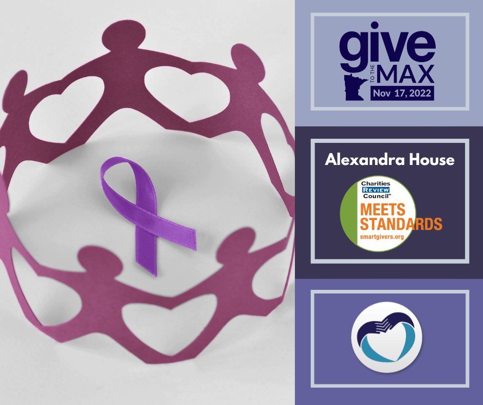 Thursday, November 17th, is Give To The Max Day! Alex House participates in this fundraiser to provide life-changing crisis intervention, safe housing, and supportive services for domestic and sexual violence survivors. #GTMD22 
Support us here: givemn.org/organization/A…