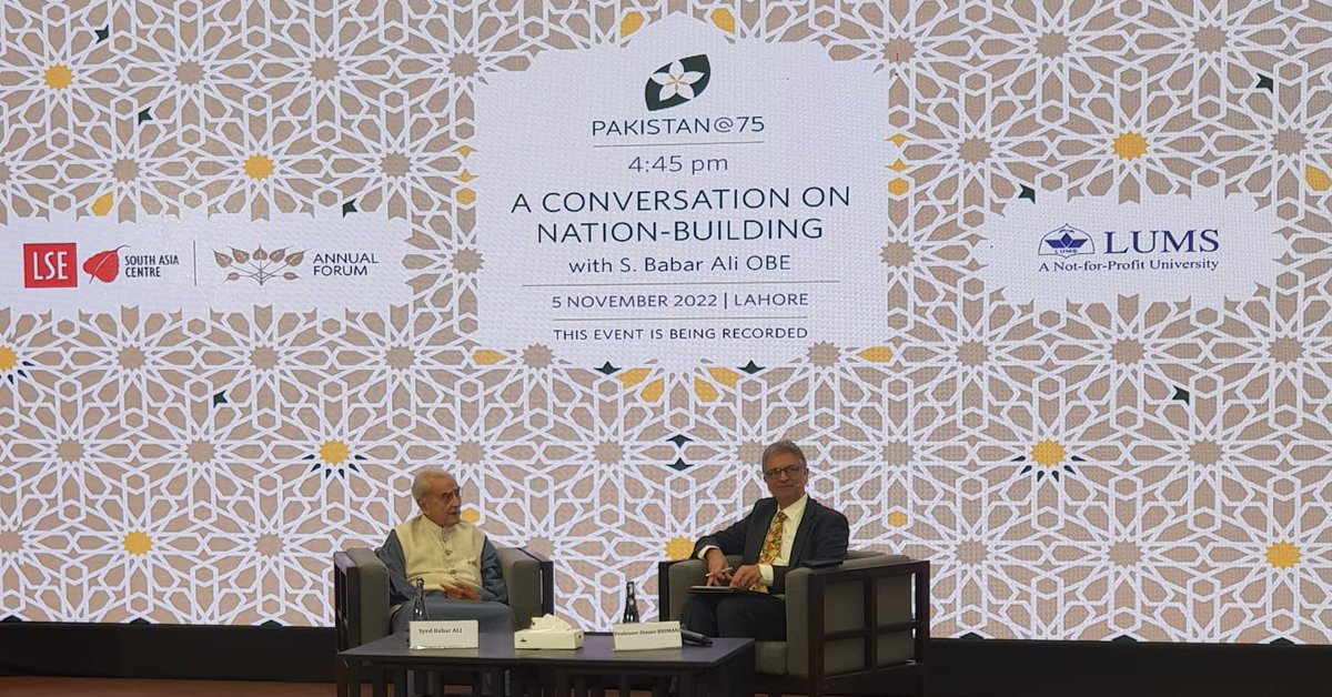 LifeAtLUMS's tweet photo. .@SAsiaLSE #Pakat75 @LifeAtLUMS is underway. ✨

The last session of the Pakistan@75 Summit starts with @AlnoorBhimani in conversation with LUMS Founding Pro Chancellor, Syed Babar Ali on nation-building. https://t.co/azEAfqGL9H