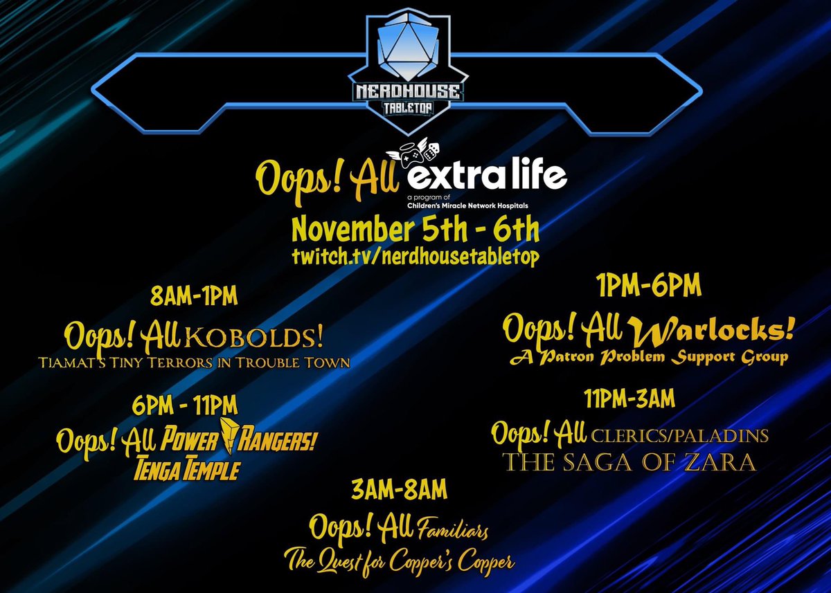 NHTabletop's tweet image. Good morning, everyone! Today’s the day! The sun is… well it’s not up yet but it will be soon. Here is the lineup, starting at 8:00 AM CST with Oops! All Kobolds: Tiamat’s Tiny Terrors in Trouble Town. @ExtraLife4Kids

twitch.tv/nerdhousetable… 

extra-life.org/team/Nerdhouse