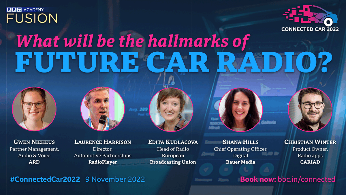 🚨 Speaker Announcement 🚨

A superb discussion
A superlative panel

→ Gwen Nieheus • @ARD_Presse
→ <a href="/Lharrison61/">Laurence Harrison</a> • <a href="/rpworldwide/">RadioplayerWorldwide</a>
→ <a href="/EditaKudlacova/">Edita Kudlacova</a> • <a href="/EBU_HQ/">EBU</a>
→ <a href="/sarafina75/">Shana Hills</a> • @BauerMedia
→ <a href="/Chris__Winter/">Christian Winter</a> • <a href="/cariad_tech/">CARIAD</a>

#ConnectedCar2022 • 9/11
→ bbc.in/connected