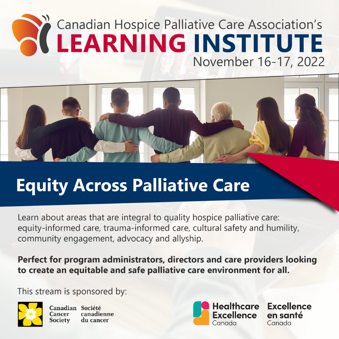 The Equity Across Palliative Care stream at #CHPCALI22, sponsored by <a href="/cancersociety/">Canadian Cancer Society</a> &amp; <a href="/HE_ES_Canada/">Healthcare Excellence Canada</a>, will delve into equity-informed care, trauma-informed care, cultural safety &amp; humility, community engagement, advocacy &amp; allyship. Join in the discussion! chpca.ca/conference