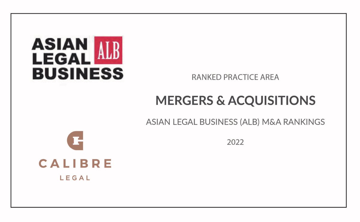 CalibreLegal's tweet photo. We are pleased to announce that Calibre Legal has been recognised as a Notable Firm in India for Mergers &amp; Acquisitions in the recently released Asian Legal Business (ALB) M&amp;A Rankings 2022. 
#ranking #Lawfirms #MergersAcquisitions #corporatelaw #India https://t.co/r5FEeuPtEx