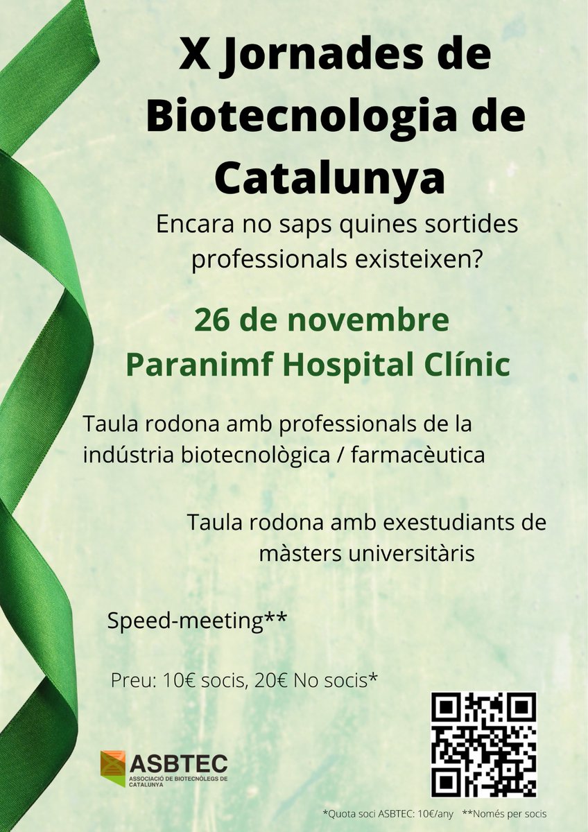 asbtec's tweet image. #JBC 

Encara queden places per a les X Jornadas de Biotecnologia de Catalunya! Animeu-vos i veniu a gaudir-les!

La setmana que ve us donarem més informació dels ponents. 

Info i inscripcions a: asbtec.cat/jbc