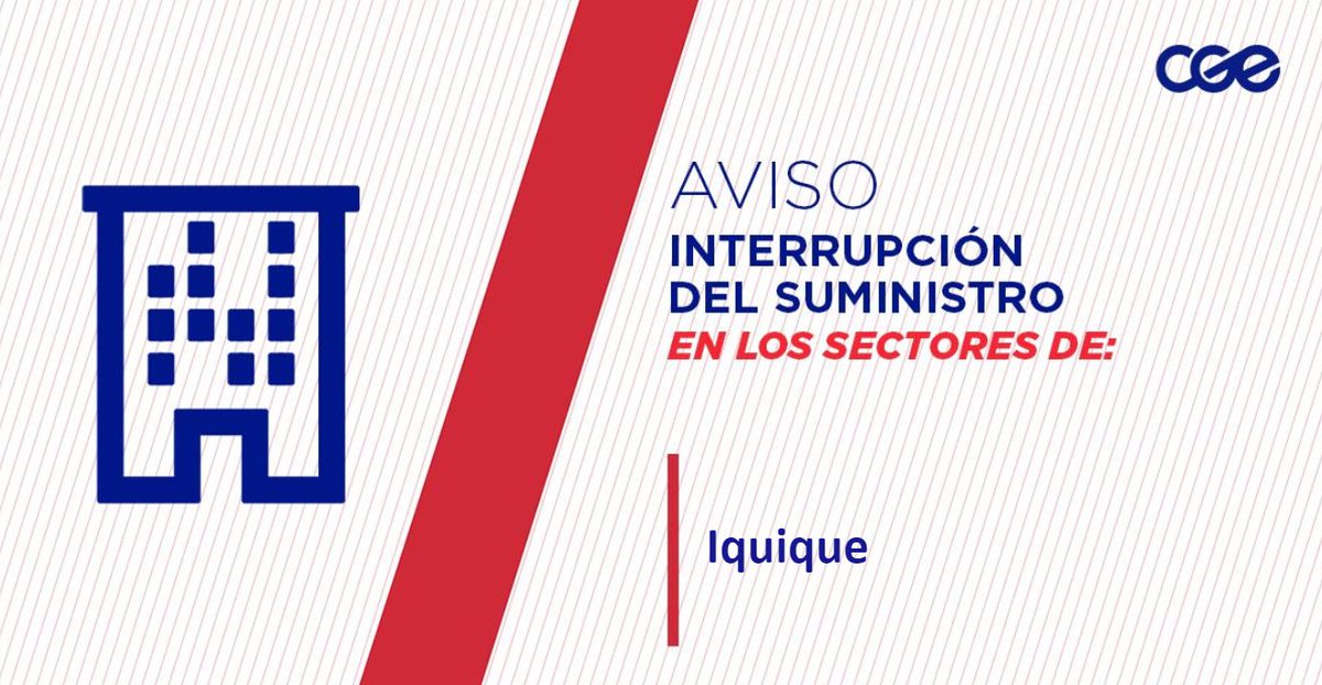 CGE_Clientes's tweet photo. Informamos a nuestros clientes de los sectores Calle Dos, Pasaje Los Chunchos, Los Algarrobos, La Chamiza y aledaños, comuna de #Iquique, la interrupción del suministro eléctrico. Nuestro personal de emergencia ya está informado  /RT https://t.co/9ag1eenisB