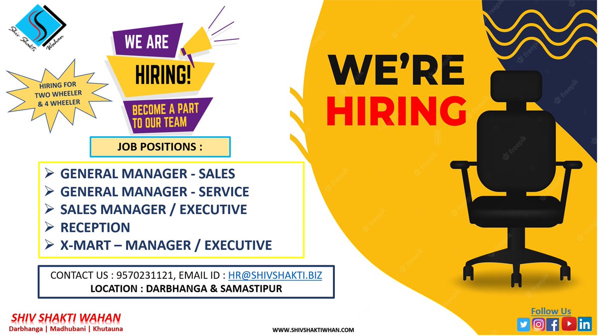 shivshaktiwahan's tweet photo. Build Your Future. Build Your Dream with us.
We are hiring for Two Wheeler & 4 Wheeler.
Location: Darbhanga & Samastipur
Contact Us : 9570231121, Email-id: hr@shivshakti.biz
#Hiring #ShivShaktiWahan #Job #JobOpen https://t.co/SezFJaTucN
