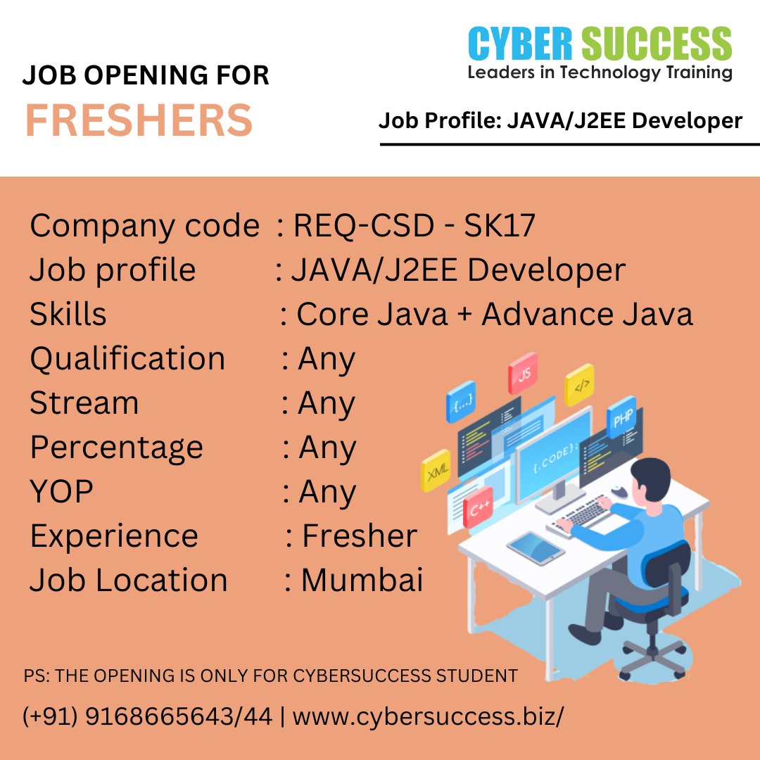 CyberSuccess_CS's tweet photo. Pls note: The below Requirement is only for Cyber Success Students.
For more updates
Call Us: +91-9168665643/44
Visit Us: https://t.co/PTeziPAeHA

#javacourse #javacourseonline #javascript #javaprogramming #javatraining #javatraininginstitute #javatrainingcenter #cybersuccess https://t.co/W20iHWX2Ye