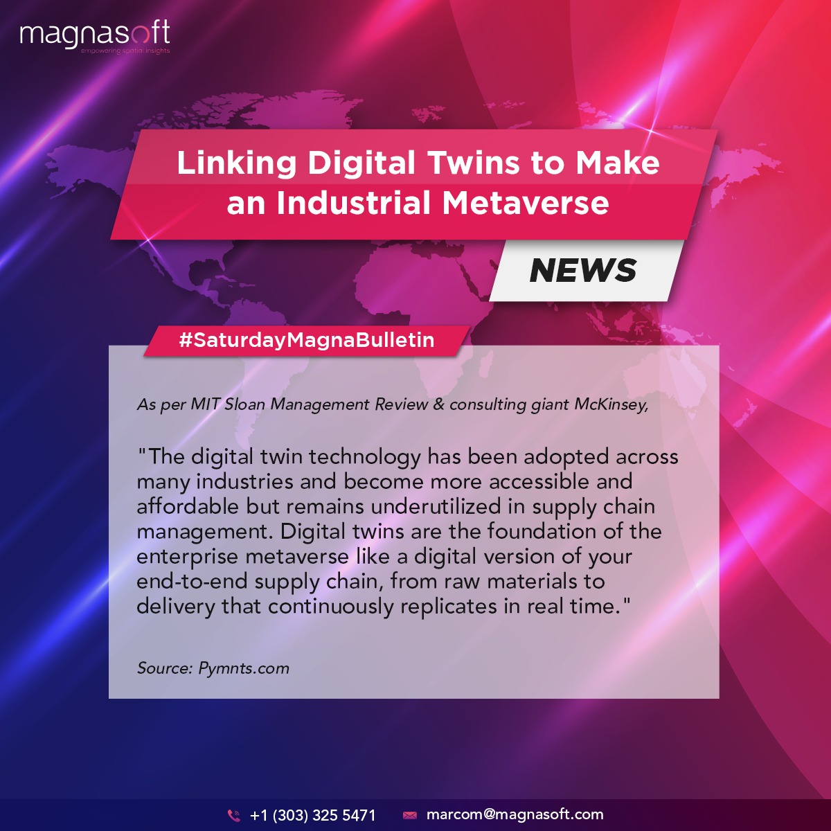 Digital twins are digital representations of physical systems. Metaverses are digital universes. Together, they have the possibility to revolutionize many industrial applications. . #diginews #digitalnews #technews #magnanews #geospatial #geotech #digitaltechnology #smarttech