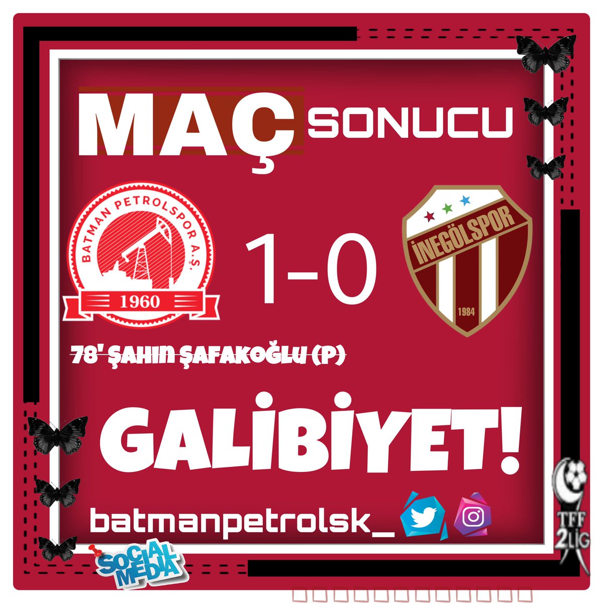 ŞÜKÜRLER OLSUN...

BATMAN PETROLSPOR'umuz 1-0 İnegölspor.

İstediğimiz oyunu sahaya yansıtamasak da penaltı golü ile kazanmayı başardık. Her şeye rağmen kazanmak güzeldi. Üç puan alan Takımımızı tebrik ederiz.

#GURBETÇİPETROLSPORLULAR