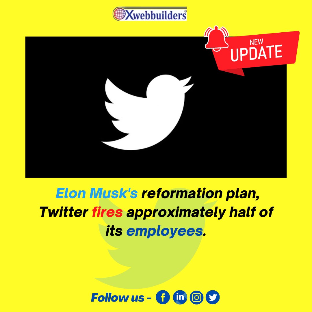 xweb_dotcom's tweet photo. Elon Musk's reformation plan, Twitter fires approximately half of its employees.
.
#xwebbuilders #elonmusk #twitterfires #twitter #emplyoees #musk #likes #follow https://t.co/A04hgbcntS