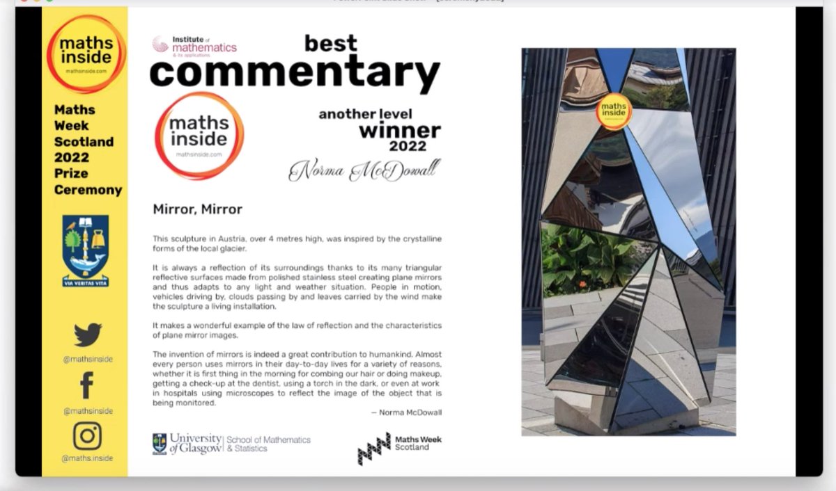 mathsinside's tweet photo. Time to celebrate the Another Level and Senior Phase @IMAmaths Best Commentary Winners! A big round of applause from @mathsinside @UofGMaths_Stats @tentivetodetail 👏🥳 #MathsWeekScotland #mathsinside #mathsinsideWild #mathsinsideShapes #mathsinsidePattern https://t.co/9meAqz61h6