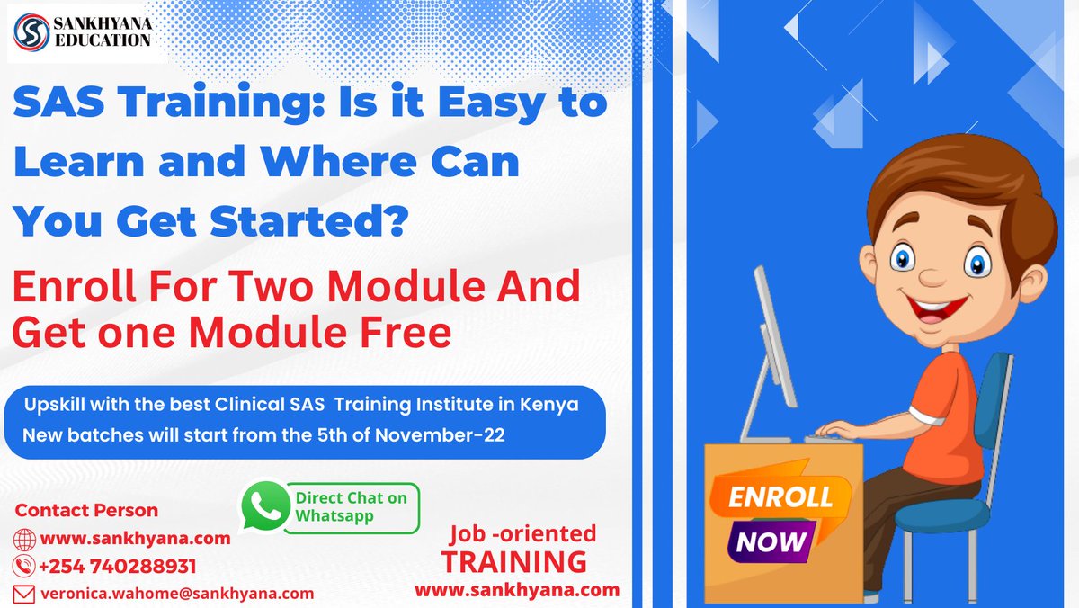 SankhyanaK's tweet image. Register your interest here:forms.gle/MhPFXoFA6Aiou5…
SAS Training: Is it Easy to Learn and Where Can You Get Started?
Reach us: +254 740288931, veronica.wahome@sankhyana.com
Visit us: sankhyana.com
#clinicalsasprogrammer #clinicalsas #advancedanalytics #programmer