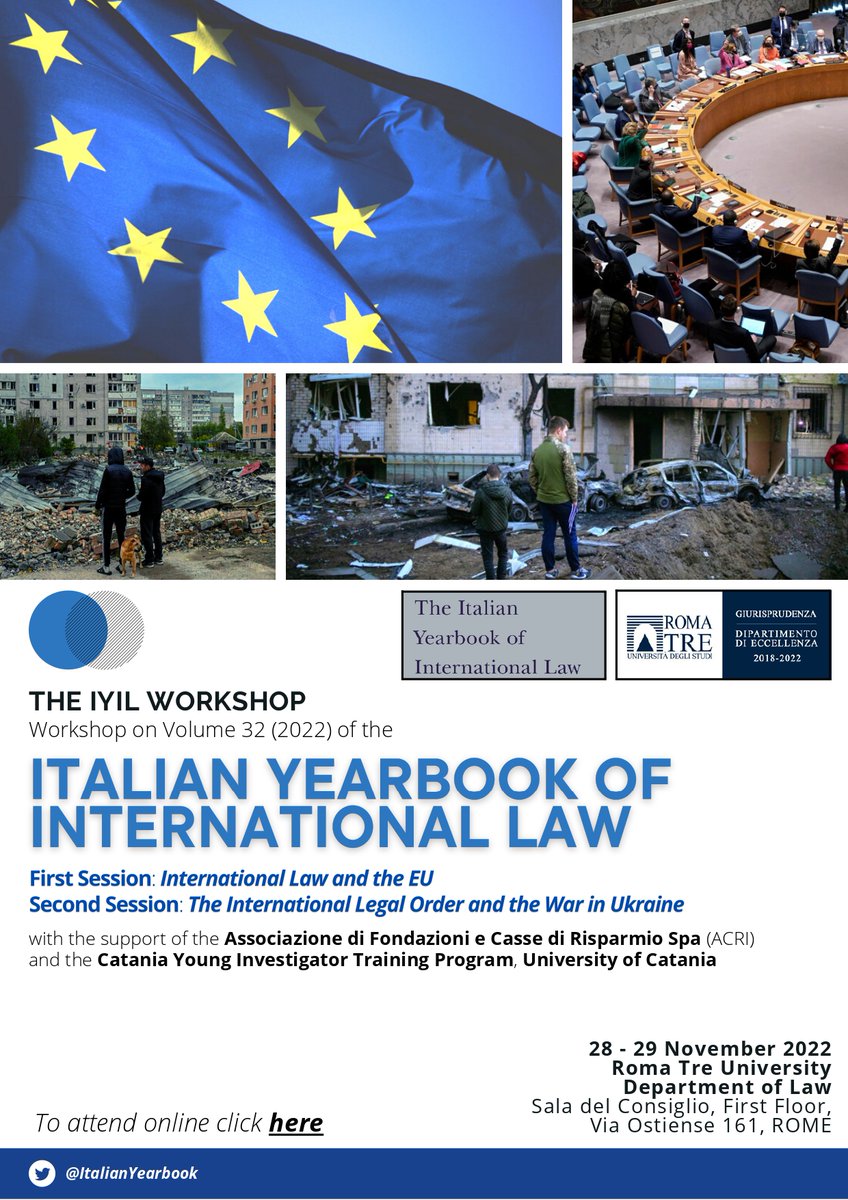 ItalianYearbook's tweet photo. On 28 and 29 November join us for the workshop on Vol. 32 of the Italian Yearbook of International Law. You can attend in person or online. #EU #UkraineWar #UN #NATO #ICC #peace #sanctions #migration #ruleoflaw #investment https://t.co/dbhspQdWwr