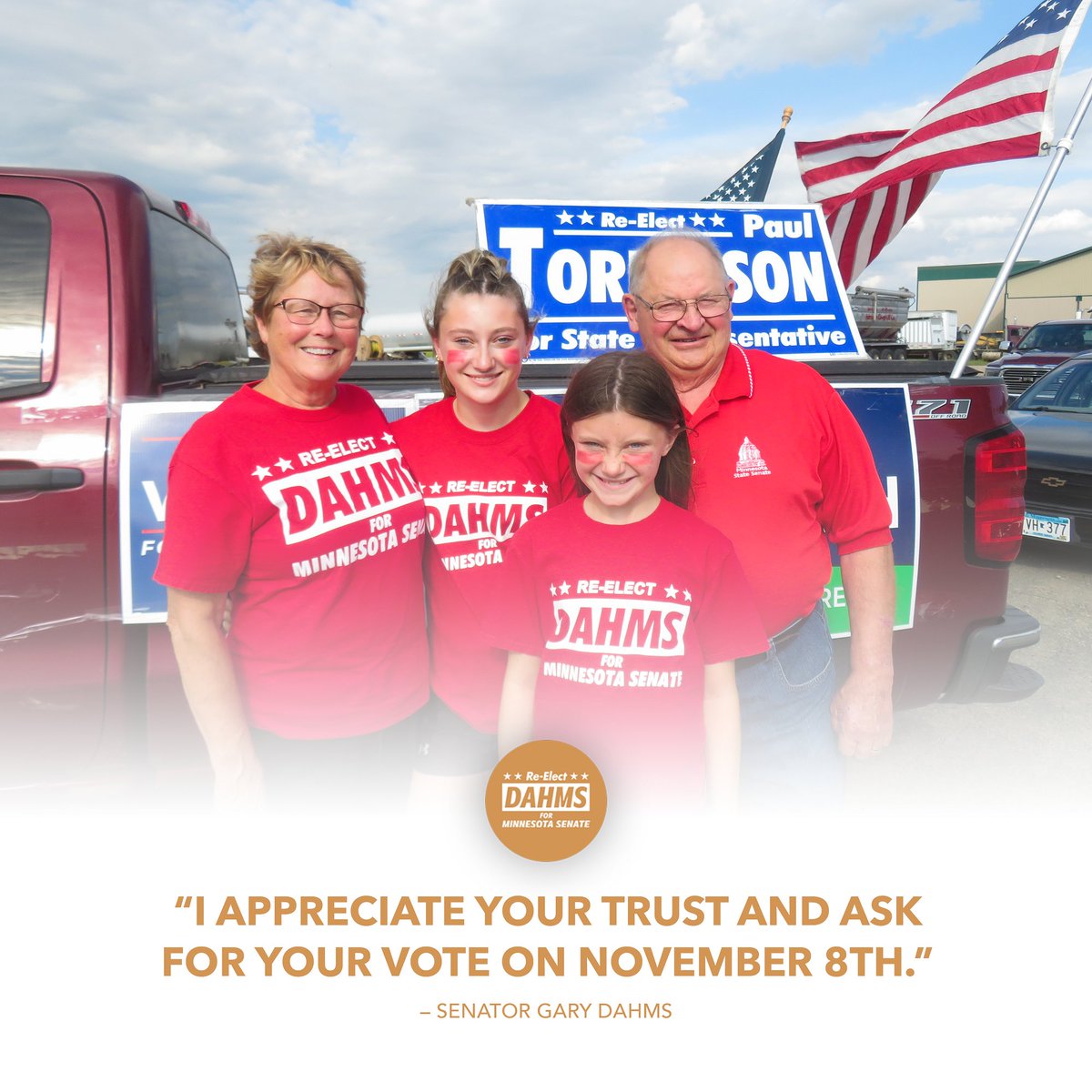 "I want to go back to the capitol and work for you on education, healthcare, agriculture, and tax reform. I appreciate your trust in me and am asking for your vote on November 8th."  - Senator Gary Dahms
dahmsforsenate.com