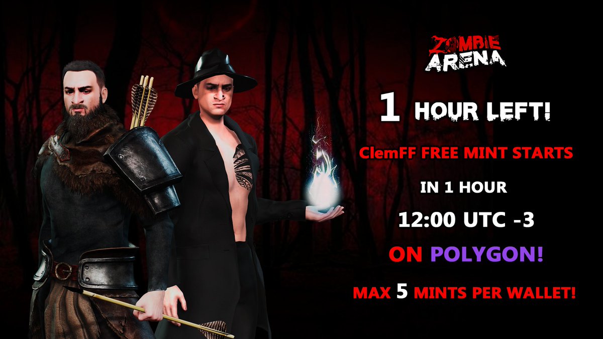 ZombieArenaNFT's tweet photo. 1 Hour Left!

ClemFF free mint starts in 1 hour 12:00 UTC -3 on Polygon! Max 5 mints per wallet!

Site: https://t.co/fCWTmefvE1

#ZombieArena #zombie #NFT #FreeMintNFT https://t.co/7O1RTbu4FH