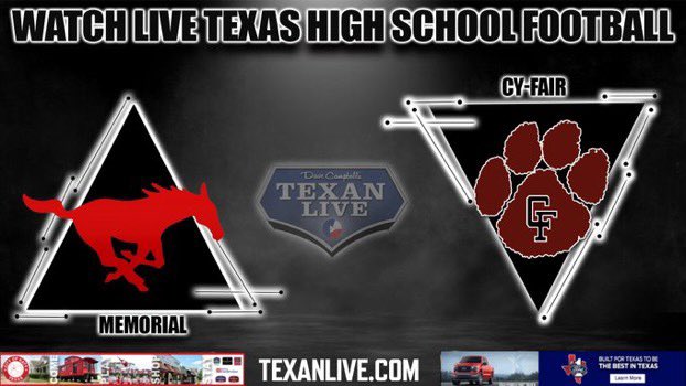 On the call for the 17-6A District title between Cy-Fair and Memorial on <a href="/Texan_Live/">Dave Campbell’s Texan Live - Texanlive.com</a> 

See at 1pm for kickoff from <a href="/PridgeonStadium/">Pridgeon Stadium</a> 

<a href="/dctf/">Dave Campbell's — TexasFootball.com</a> <a href="/VarsityWires/">Varsity Wires</a> <a href="/BFND_Football/">Cy-Fair HS Football</a> <a href="/BFNDAthletics/">Cy-Fair HS Athletics</a> <a href="/sbisdathletics/">Spring Branch ISD Athletics</a> <a href="/MHShouston/">MHS Mustangs</a>