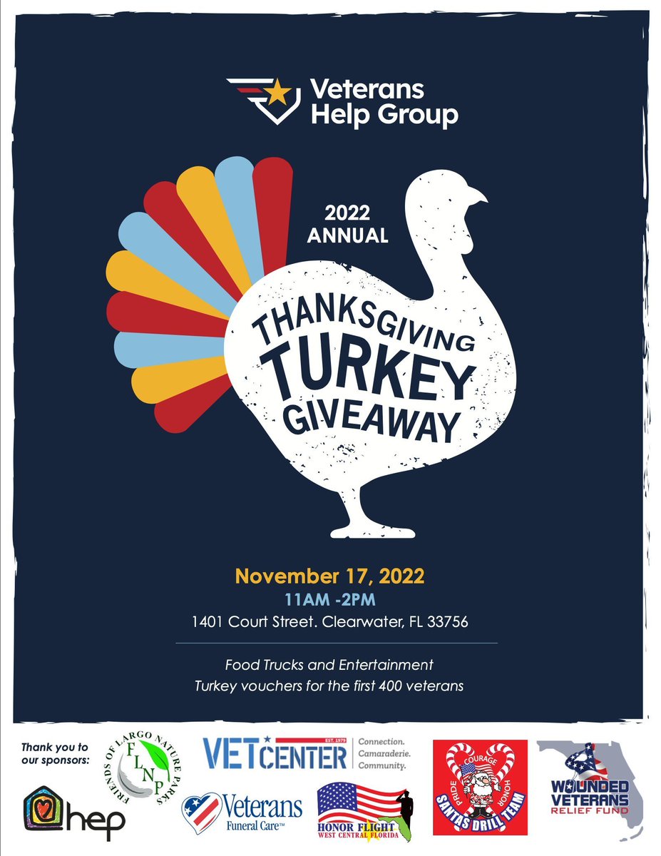 Twelve days until the annual Thanksgiving Turkey Giveaway.  Please tell any Tampa and Clearwater Vets you know.  #TampaVets #ClearwaterVets #VetAppreciation #Thanksgiving #TurkeyGiveaway