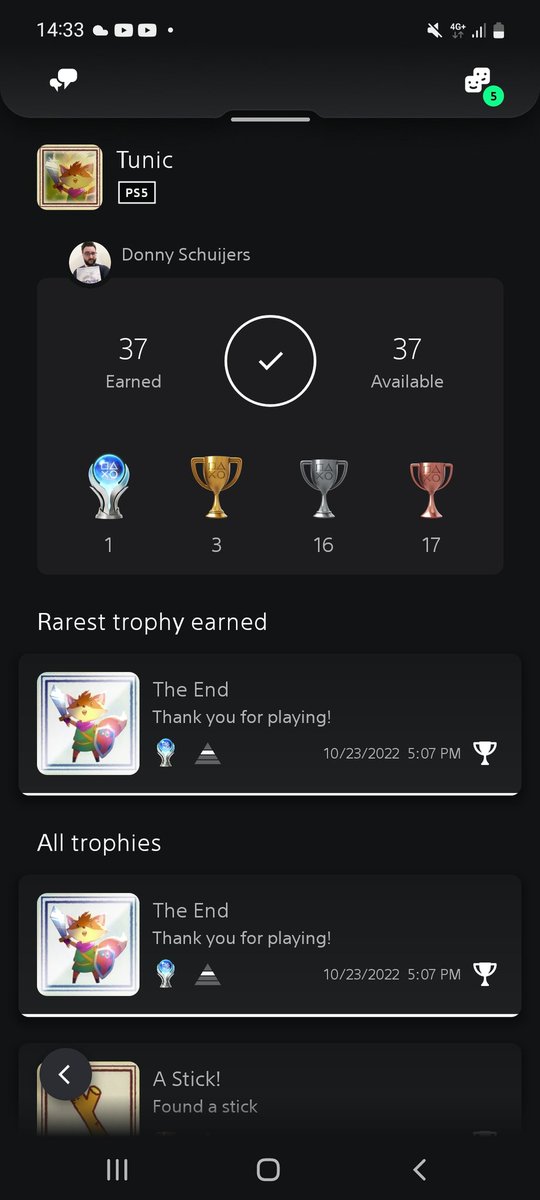 platinum_that's tweet photo. Plat #125: Tunic!
This has to be one of the biggest surprise hits for me this year. Very innovative and unique. You'd rob yourself of the experience to not play this blind!! (Also, had to quit another RPG due to Time.. am I getting old?)
#PlatinumTrophy #PS5 #PlayStation5 #Tunic https://t.co/SlnPrtRN8q